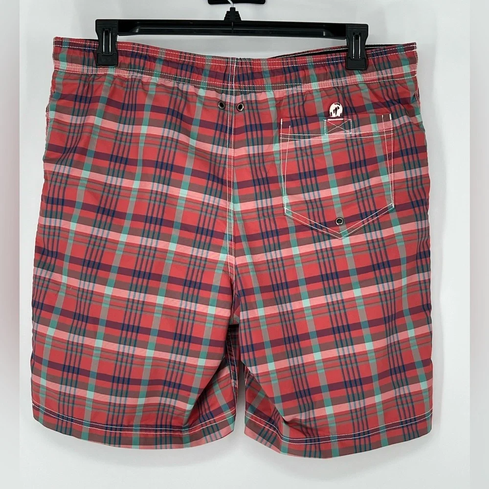 LAND’S END SWIM TRUNKS NWOT RED BLUE GREEN‎ PLAID, MESH LINER, DRAWSTRING WAIST